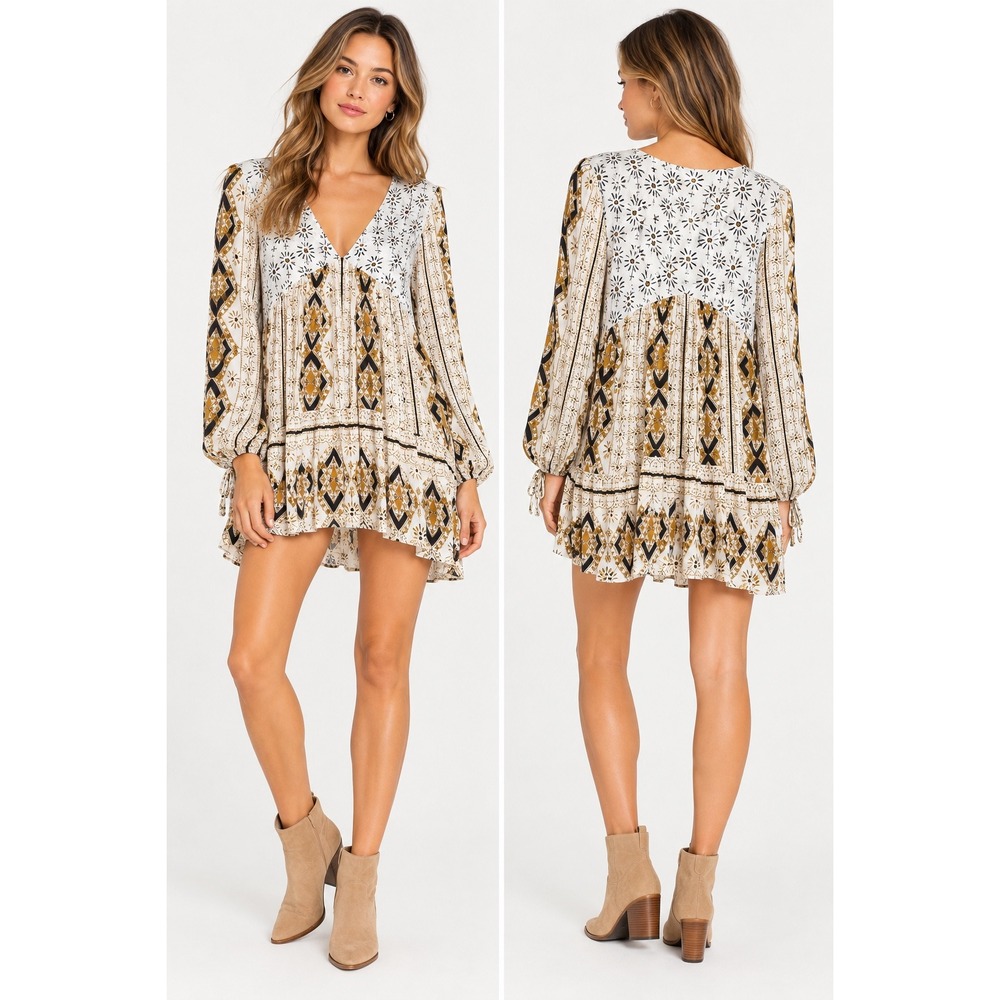 Free People Down By The Bay Tunic Ivory Boho Printed Dress M
